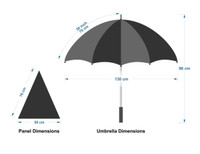 A black golf umbrella with a grey panel design, featuring dimensions for both the umbrella and a panel.