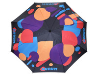 A full-colour promotional umbrella featuring a bold design with orange, purple, and blue graphics on a black background.