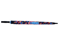 A golf umbrella featuring a vibrant, multicoloured design with a handle cover and a logo.