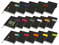 A collection of black A5 notebooks featuring various coloured bands and logos on the covers.