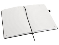 An A5 notebook with a black cover, featuring lined pages and a ribbon bookmark. It also has a logo.