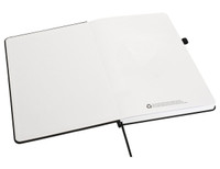 An A5 notebook with a black cover, featuring blank pages and a ribbon bookmark. It includes a recycling logo.