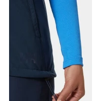 Detail image of the navy softshell vest featuring an adjustable drawcord hem and tonal Helly Hansen (HH) logo for a customized fit.