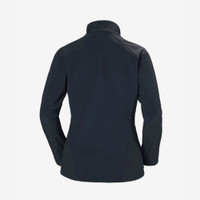 Rear product view of a navy women's softshell jacket showcasing a streamlined fitted silhouette, high collar, and clean minimalist design for outdoor wear.