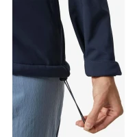 Close-up detail of a navy women's softshell jacket highlighting the adjustable drawcord hem and hook-and-loop cuff tab for a customized fit.