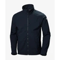 Front product view of a navy men's softshell jacket featuring a full-length zipper, stand collar, zippered chest pocket, and streamlined outdoor-performance design.