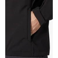 Close-up detail of the black men's softshell jacket highlighting the zippered hand pocket, adjustable hook-and-loop cuff tab, and durable weather-resistant fabric for enhanced comfort and functionality.