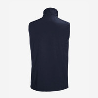 Back view of navy blue sleeveless men’s vest on white background.
