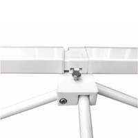 A white curved display wall frame with metallic connectors and tripod legs for stability. It includes a branding logo.