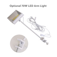 A white LED arm light with a 70W bulb, featuring a mounted clamp and a flexible arm for positioning.