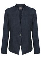 A dark navy jacket with a single button closure and a minimalist design, featuring long sleeves and no collar.