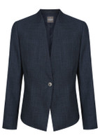 A dark navy blazer with a tailored fit, featuring a single button closure and an open collar.