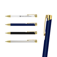 A set of metal pens in navy, black, and white, featuring gold accents and a branding logo.