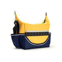 Yellow and blue rugged crib bag with adjustable strap and front pocket, ideal for outdoor adventures, back view.