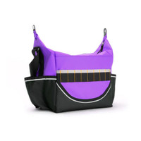 Purple and black rugged crib bag with adjustable strap and front pocket, ideal for outdoor adventures., back view