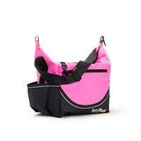 Pink and black rugged crib bag with adjustable strap and front pocket, ideal for outdoor adventures.
