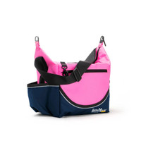 Pink and blue rugged crib bag with adjustable strap and front pocket, ideal for outdoor adventures.