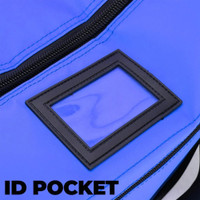 Rugged Xtremes blue and black crib bag with side pockets and striped panel, id pocket