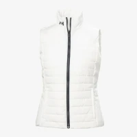 White quilted Helly Hansen vest with zipper front and high collar.