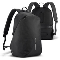 A black backpack with a sleek design, featuring padded straps and a textured back panel, has a logo.