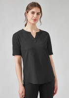 A short sleeve blouse in black with a relaxed fit and a buttoned neckline, featuring a subtle texture.
