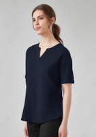 A navy blue women's short sleeve blouse with a relaxed fit and a subtle textured pattern. It has a simple neckline and a logo.