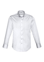 A white long sleeve button-up shirt with a single chest pocket and a collar, featuring a logo.