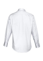 A white long sleeve button-up shirt featuring a smooth fabric and a simple design. It has a logo on the back.
