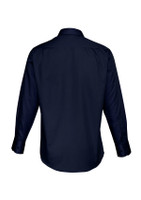 A navy blue long sleeve button-up shirt featuring a back view design, complete with a collar and buttons.