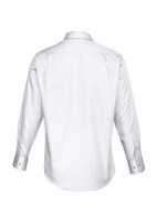 A white long sleeve shirt with a classic collar and buttoned cuffs, featuring a logo on the back.