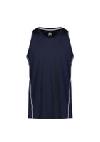 A navy singlet featuring white piping and a logo, designed for men.