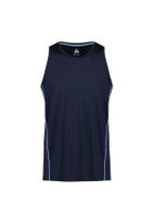 A navy blue men's singlet featuring light blue accents and a logo. The design is simple and athletic.