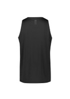 A black men's singlet featuring a simple design and a logo on the back.