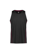 A black men's singlet featuring red accents and a logo at the collar. Retail product with a sporty design.