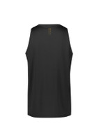 A black men's singlet featuring a logo on the back and ventilation details.