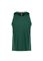 A men's balance singlet in dark green featuring white accents and a logo.