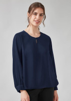 A navy long sleeve blouse featuring a round neckline and subtle detailing at the cuffs, with a branding logo.