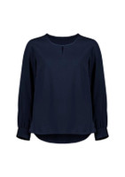 A navy blue long sleeve blouse with a round neckline and gathered sleeves. It features a subtle logo on the side.