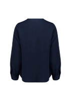 A navy blue women's long sleeve blouse featuring a simple back design and gathered sleeve detail.