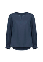 A navy long sleeve blouse with a round neckline and gathered sleeves. It features a subtle sheen and a loose fit.