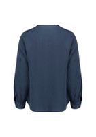 A navy long sleeve blouse with a smooth fabric and button details on the sleeves, featuring a simple back design.