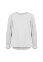 A women's long sleeve blouse in a soft white colour with a round neckline and button detail. It features a relaxed fit.