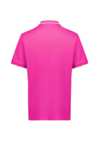 A pink short sleeve polo shirt with a plain back and a collar, featuring a small logo.