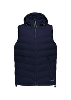 A navy unisex hooded puffer vest with a front zip and two side pockets. Features a logo on the upper.