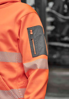 A vibrant orange water-resistant hoodie featuring segmented grey tape and a zippered pocket on the arm.