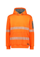 A bright orange unisex hoodie with segmented reflective tape and a front pocket. It features a logo on the sleeve.