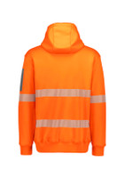 A water-resistant unisex hoodie in bright orange, featuring segmented reflective tape and a hood. It has a logo on one sleeve.