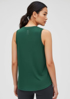 A women's singlet in dark green, featuring a simple design and a logo on the back.