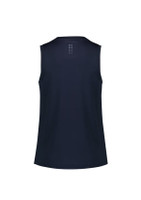 A navy blue women's singlet with a round neckline and a logo on the back.