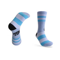 Merino wool socks in light blue with darker blue and black stripes, featuring a logo.